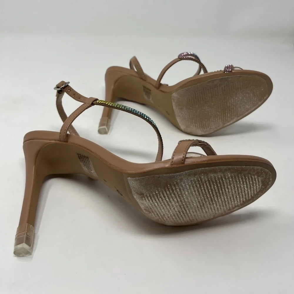 NWOT. BCBG Tan Rainbow Strap Heel Sandals Size 8